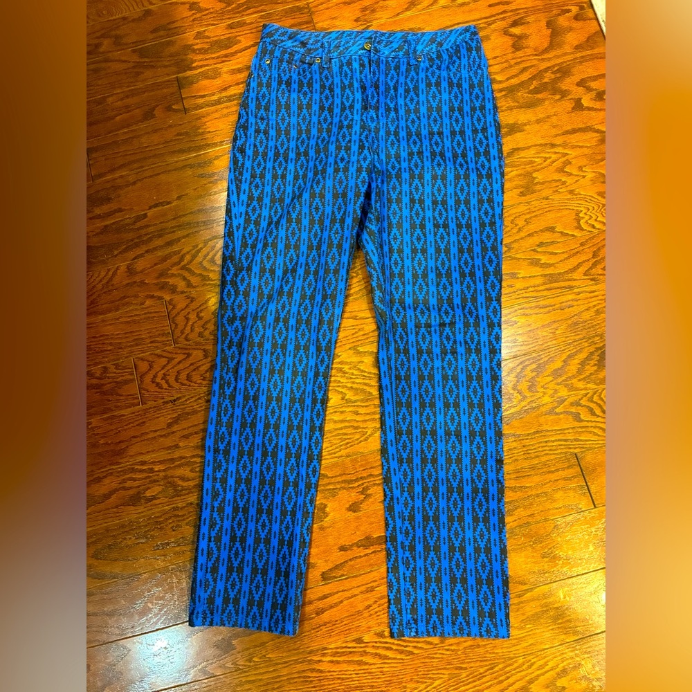Blue and Black Patterned Pants by 
Diane Gilman.